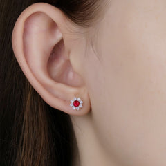 Floral Ruby Stud Earrings - Lab-Created Gemstone 925 Silver Everyday Jewelry