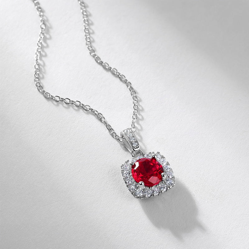 Luxury Square Pavé Ruby Pendant Necklace – Lab-Created Gemstone in 925 Silver