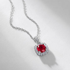 Luxury Square Pavé Ruby Pendant Necklace – Lab-Created Gemstone in 925 Silver