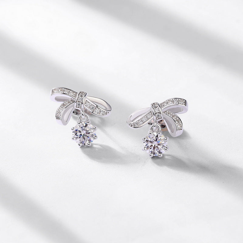 1ct Bow Tie Moissanite Earrings - 925 Silver Women's Studs with Gemstone Accents