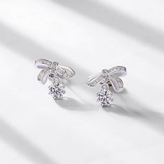 1ct Bow Tie Moissanite Earrings - 925 Silver Women's Studs with Gemstone Accents