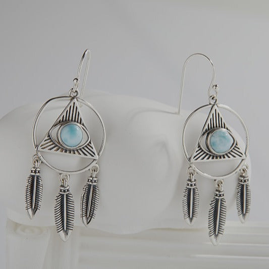 Handmade Larimar Silver Earrings - Vintage Bohemian Fringe Jewelry for Women