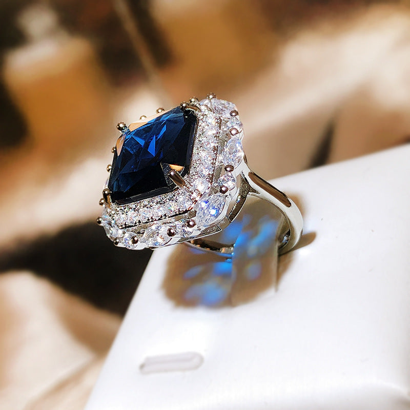 Felistly Jewelry: 2025 New Royal Blue Luxury Square Ring - Fashionable Full Pavé Adjustable Square Ring for Women
