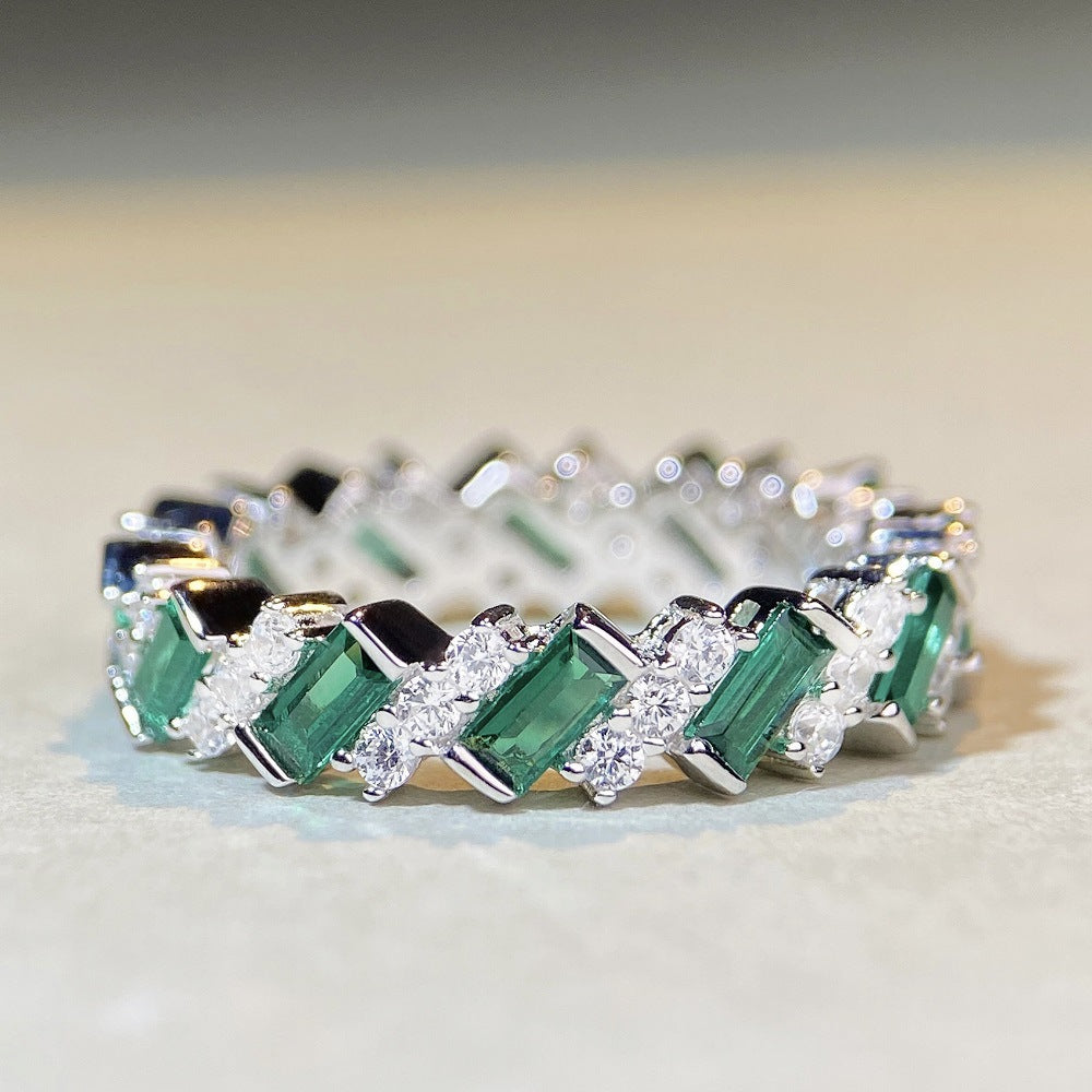 Felistly Jewelry: wedding bands for women New S925 Sterling Silver Emerald Cut Full Diamond Eternity Band Ring - Trendy Viral Sparkling Emerald Green Ring
