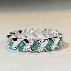 Felistly Jewelry: wedding bands for women New S925 Sterling Silver Emerald Cut Full Diamond Eternity Band Ring - Trendy Viral Sparkling Emerald Green Ring