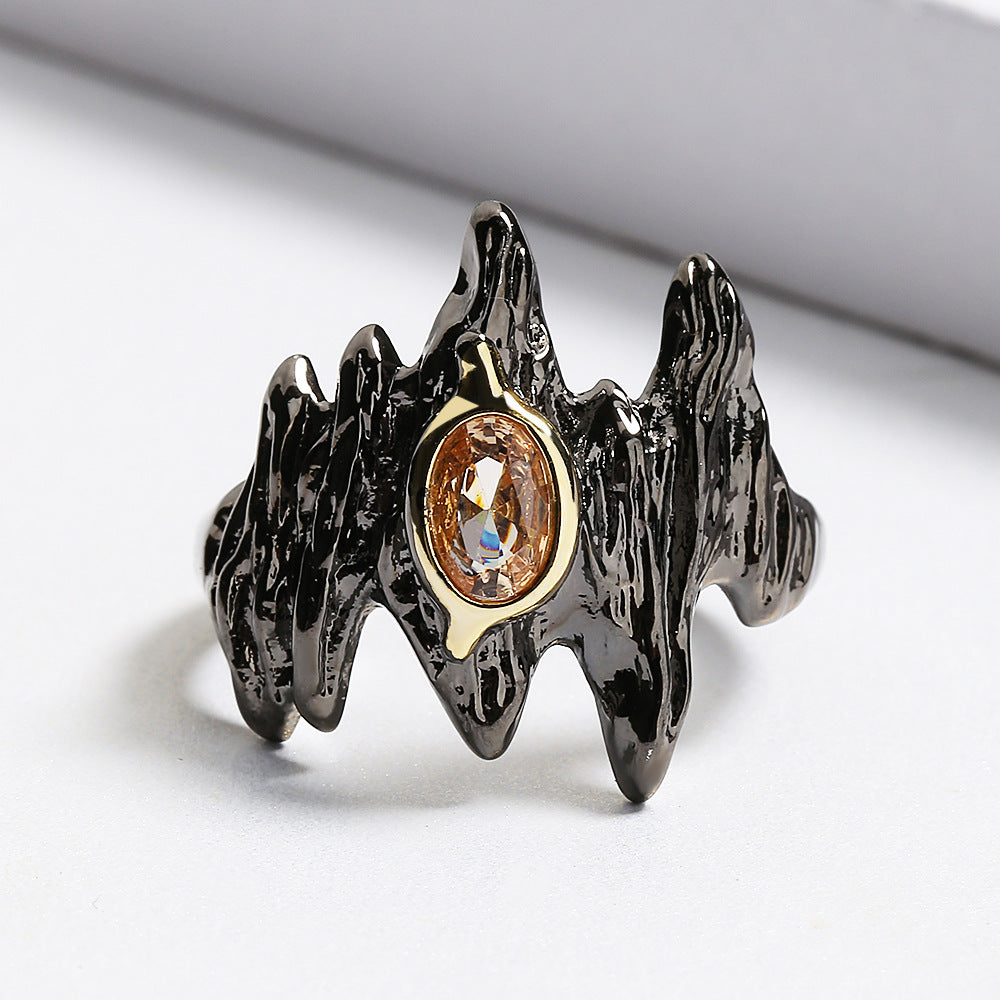 Felistly Jewelry: Punk Style Amber & Zircon Women's Ring - Black Gold Irregular Branch-Shaped Statement Jewelry for Party