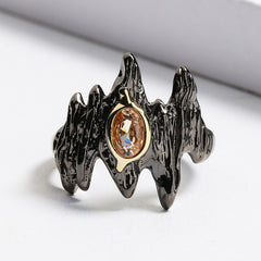 Felistly Jewelry: Punk Style Amber & Zircon Women's Ring - Black Gold Irregular Branch-Shaped Statement Jewelry for Party