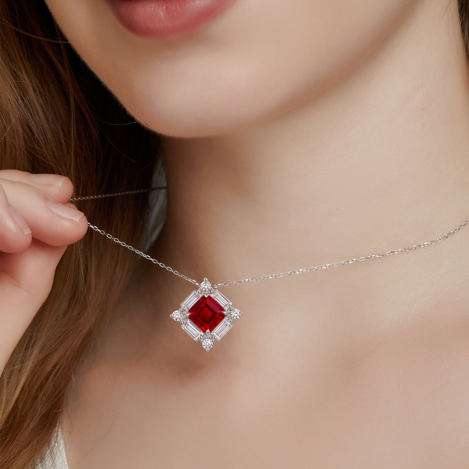 Women’s Lab-Created Ruby Pendant Necklace - Geometric 925 Silver Collarbone Jewelry