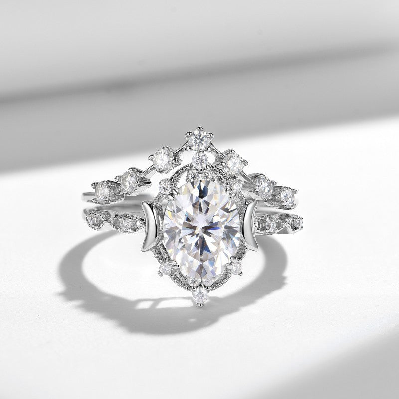 Felistly Jewelry: 2025 New Crescent Moon & Star Collection - 7x9mm Oval Moissanite Stackable Ring Set in Sterling Silver 18K Gold Plated, engagement rings for women