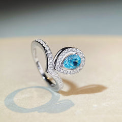 Felistly Jewelry: Teardrop Crown Ring S925 Sterling Silver Aquamarine Ice-Cut Ring with Pear-Shaped Blue Zircon & High Carbon Diamond