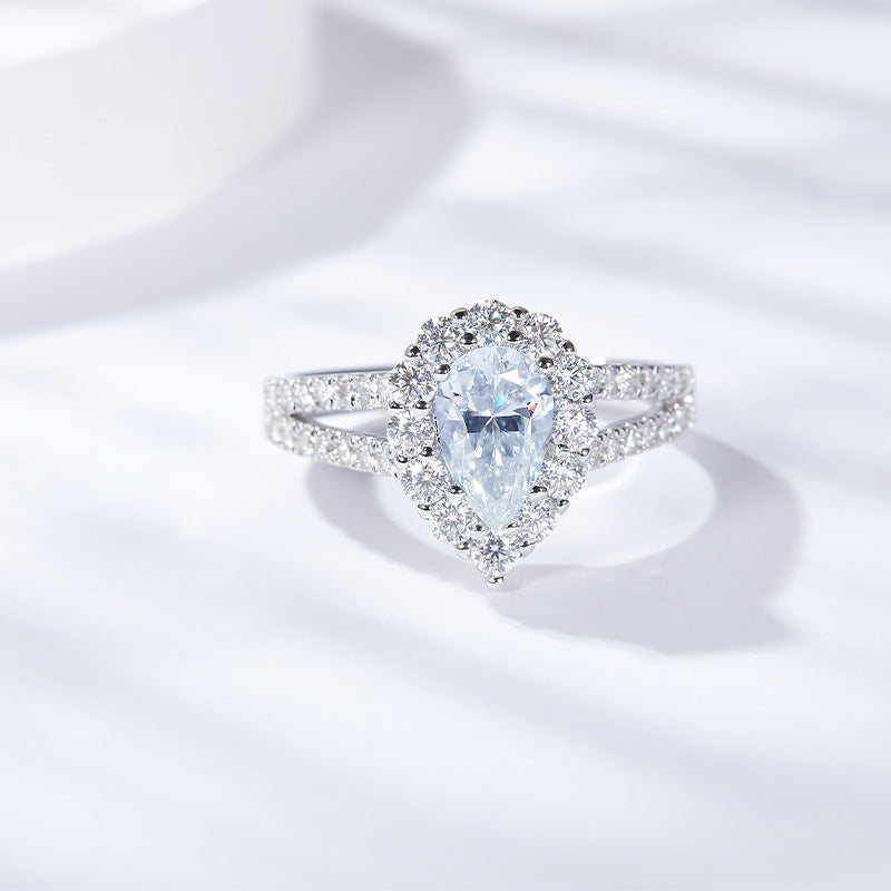 engagement rings for women | 1.74ct D Color Pear Moissanite Ring - Platinum Over Sterling Silver | elongated cushion cut with wedding band