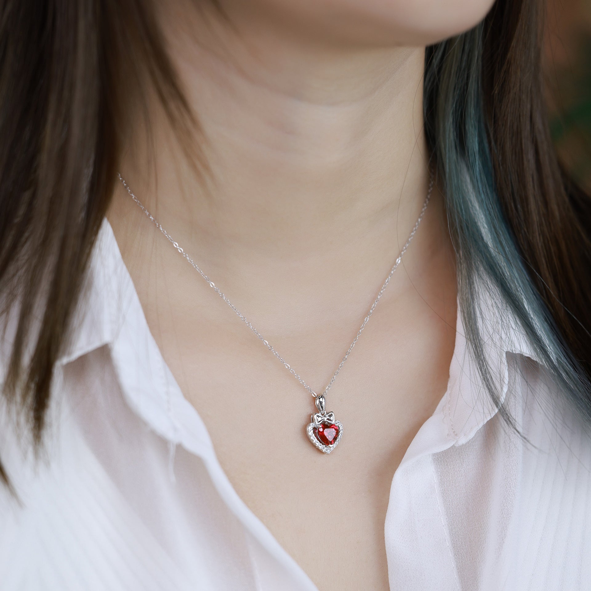 Delicate Love Heart Lab Ruby Pendant – 925 Silver Dainty Collarbone Chain for Women