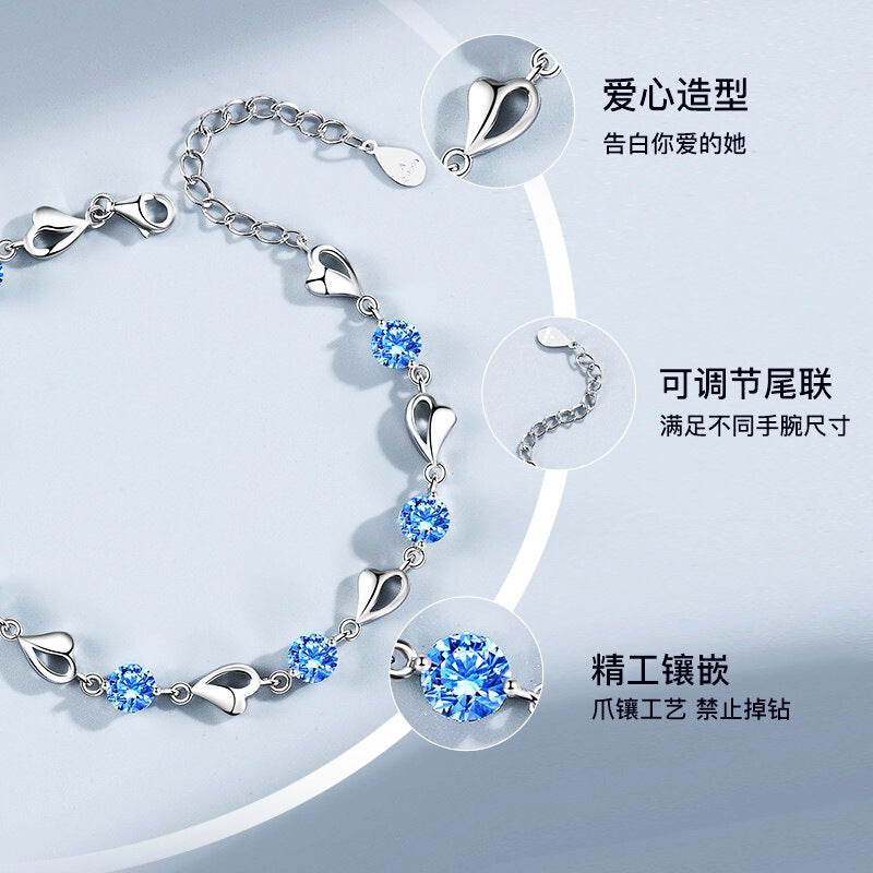 Felistly Jewelry: Ocean Heart S925 Sterling Silver Bracelet for Women - Luxury Minimalist Heart-Shaped Diamond Accent Design