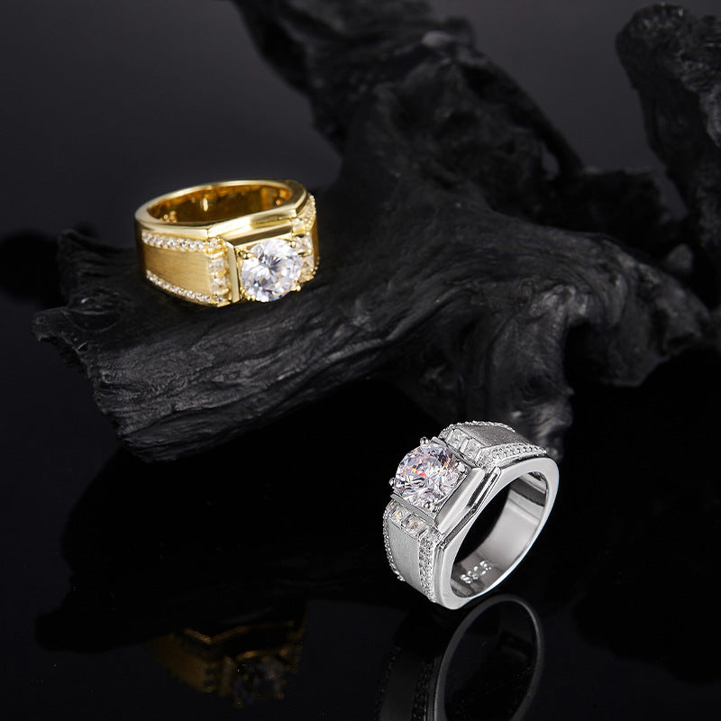 Felistly Jewelry: Men gents ring Men's 2CT Moissanite Ring in S925 Sterling Silver 18K Gold Plated, Hypoallergenic Wedding Band, Luxury Business Gift for Him