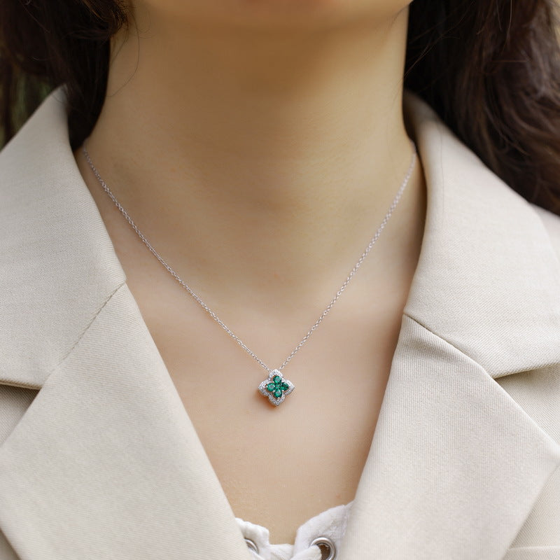 Women’s Lucky Clover Necklace - Delicate Lab-Created Gem in 925 Silver, 17’’ Chain