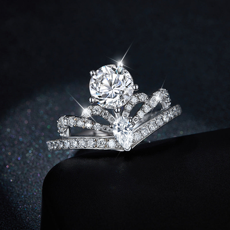 engagement rings for women | Luxury 1ct + 0.8ct D Moissanite Crown Ring – Platinum-Plated 925 Silver |