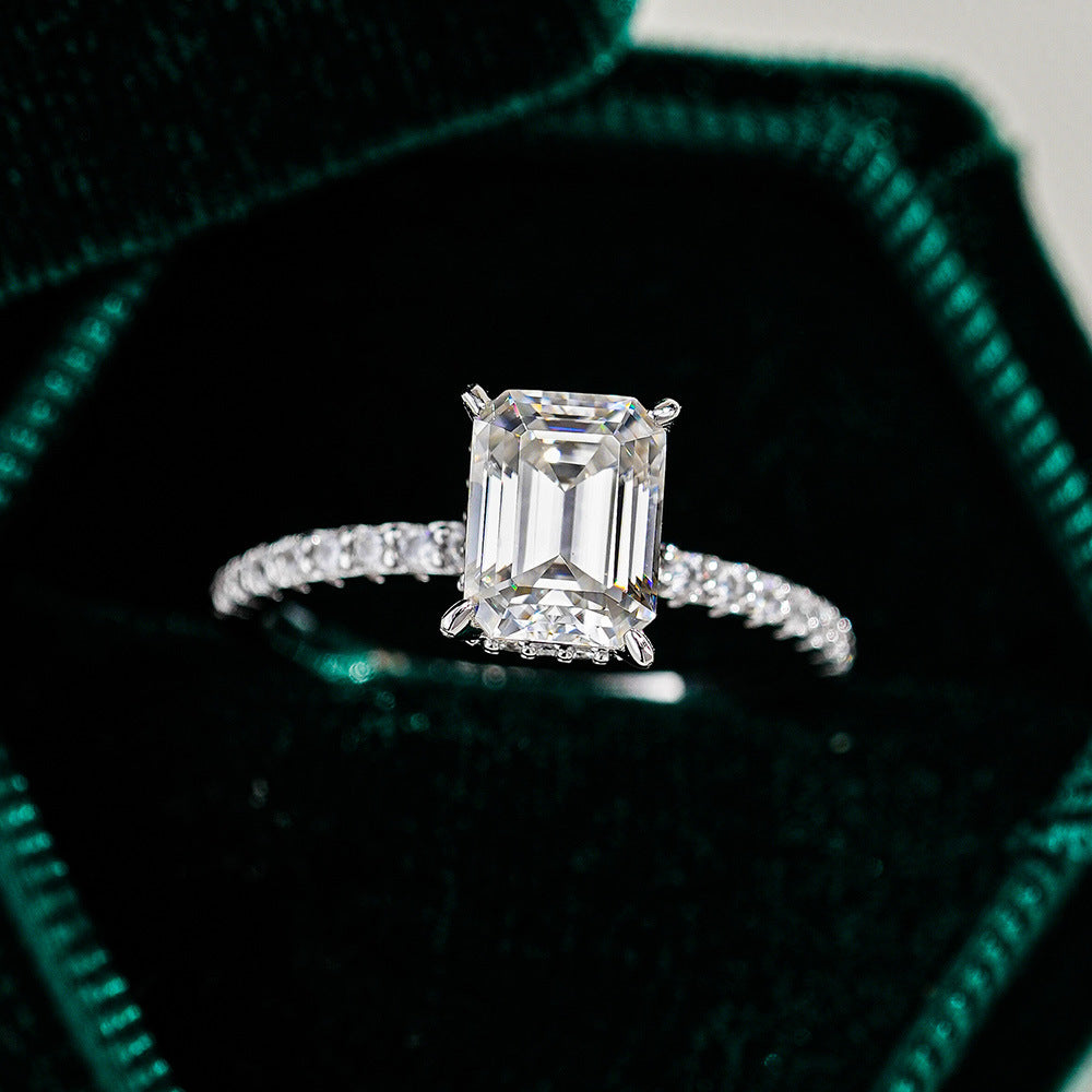 Felistly Jewelry: S925 Sterling Silver moissanite  Rectangular Ring with 3ct Emerald-Cut Gemstone for Women