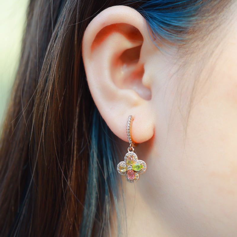 Four-Leaf Clover Tourmaline Drop Earrings - 18K Gold Plated 925 Silver Lightweight Jewelry