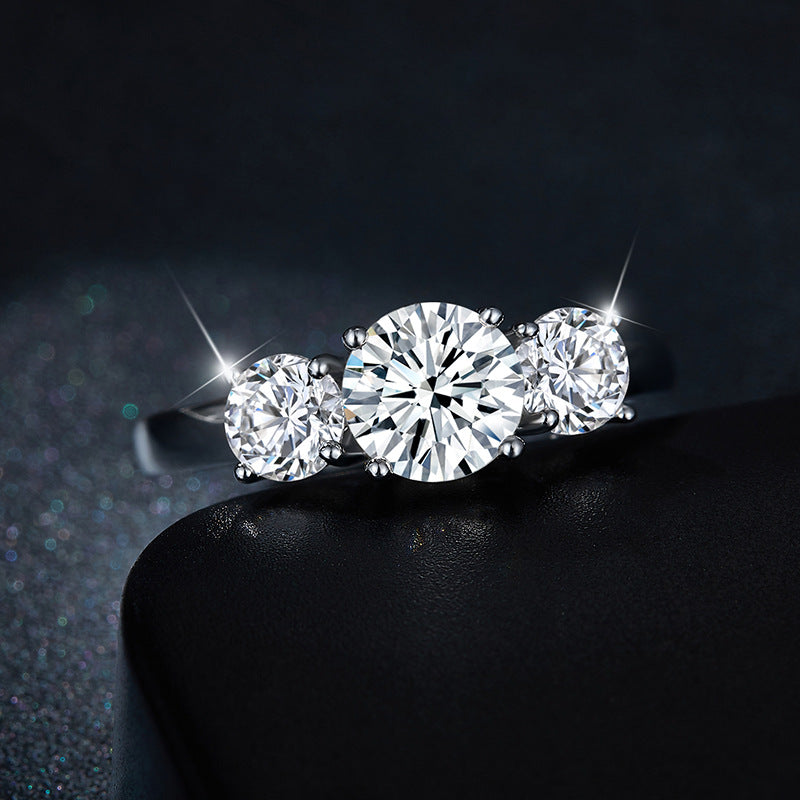 moissanite vintage rings three-Stone 1ct & 2*0.5ct D Moissanite Ring - Platinum Plated 925 Silver 'Three Lives' Jewelry engagement rings for women
