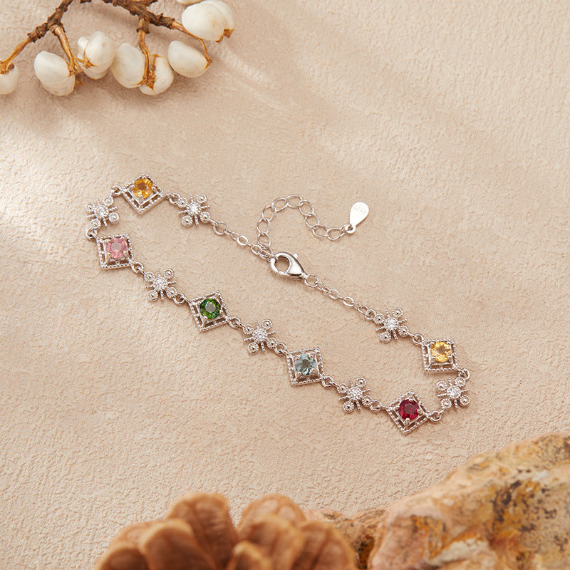 Natural Gemstone Tourmaline Bracelet for Women, S925 Sterling Silver Colorful Jewelry