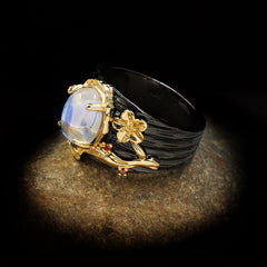 Felistly Jewelry: Cross-Border Creative Abstract Art Line Wrapped Moonstone Ring – Exaggerated Black & Gold Dual-Tone Closed Statement Ring for Women