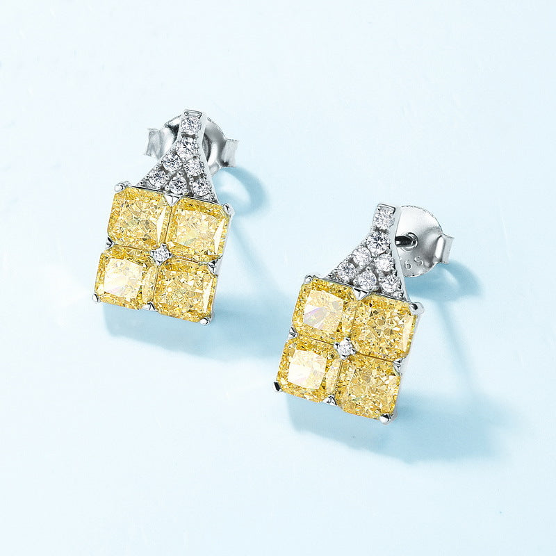 Designer Yellow Diamond Stud Earrings – 925 Silver Snowflake Diamond Halo (Modern Luxury)