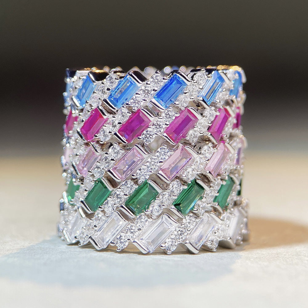 Felistly Jewelry: wedding bands for women New S925 Sterling Silver Emerald Cut Full Diamond Eternity Band Ring - Trendy Viral Sparkling Emerald Green Ring