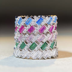 Felistly Jewelry: wedding bands for women New S925 Sterling Silver Emerald Cut Full Diamond Eternity Band Ring - Trendy Viral Sparkling Emerald Green Ring