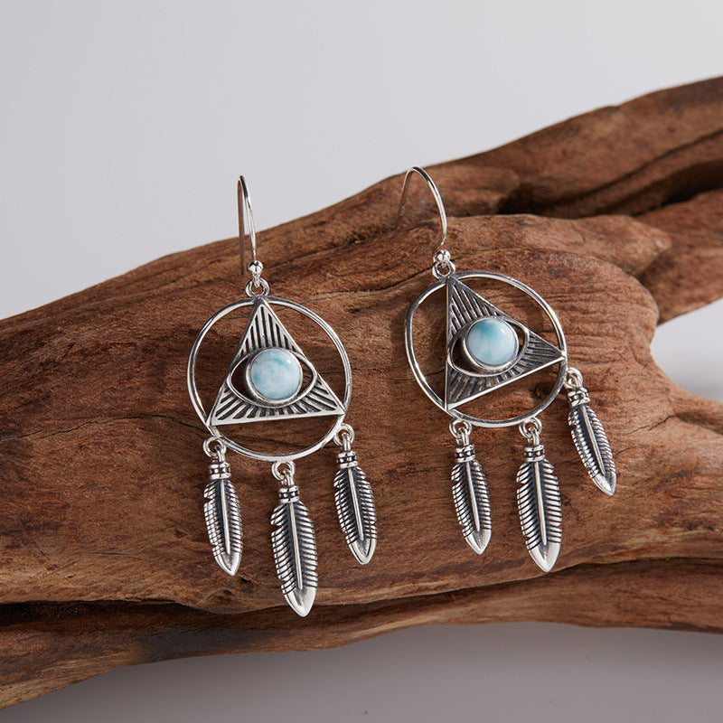 Handmade Larimar Silver Earrings - Vintage Bohemian Fringe Jewelry for Women