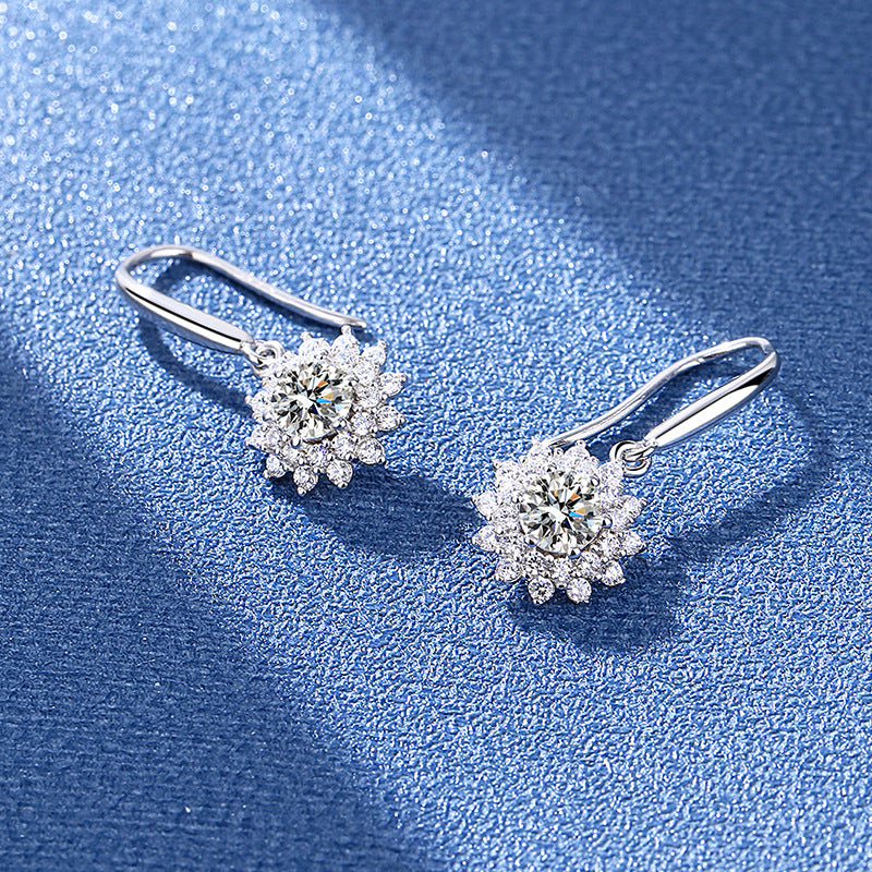 Sunflower Moissanite Earrings - 925 Silver French Pavé Jewelry (Hook/Stud Combo)
