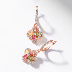 Four-Leaf Clover Tourmaline Drop Earrings - 18K Gold Plated 925 Silver Lightweight Jewelry