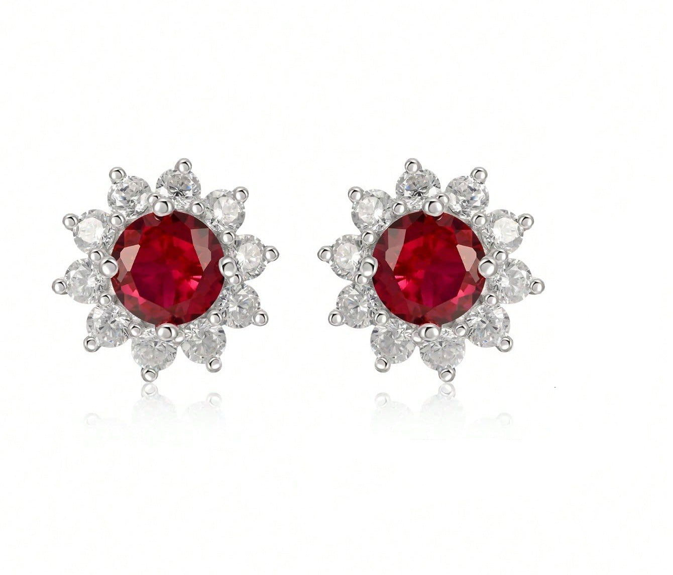 Floral Ruby Stud Earrings - Lab-Created Gemstone 925 Silver Everyday Jewelry