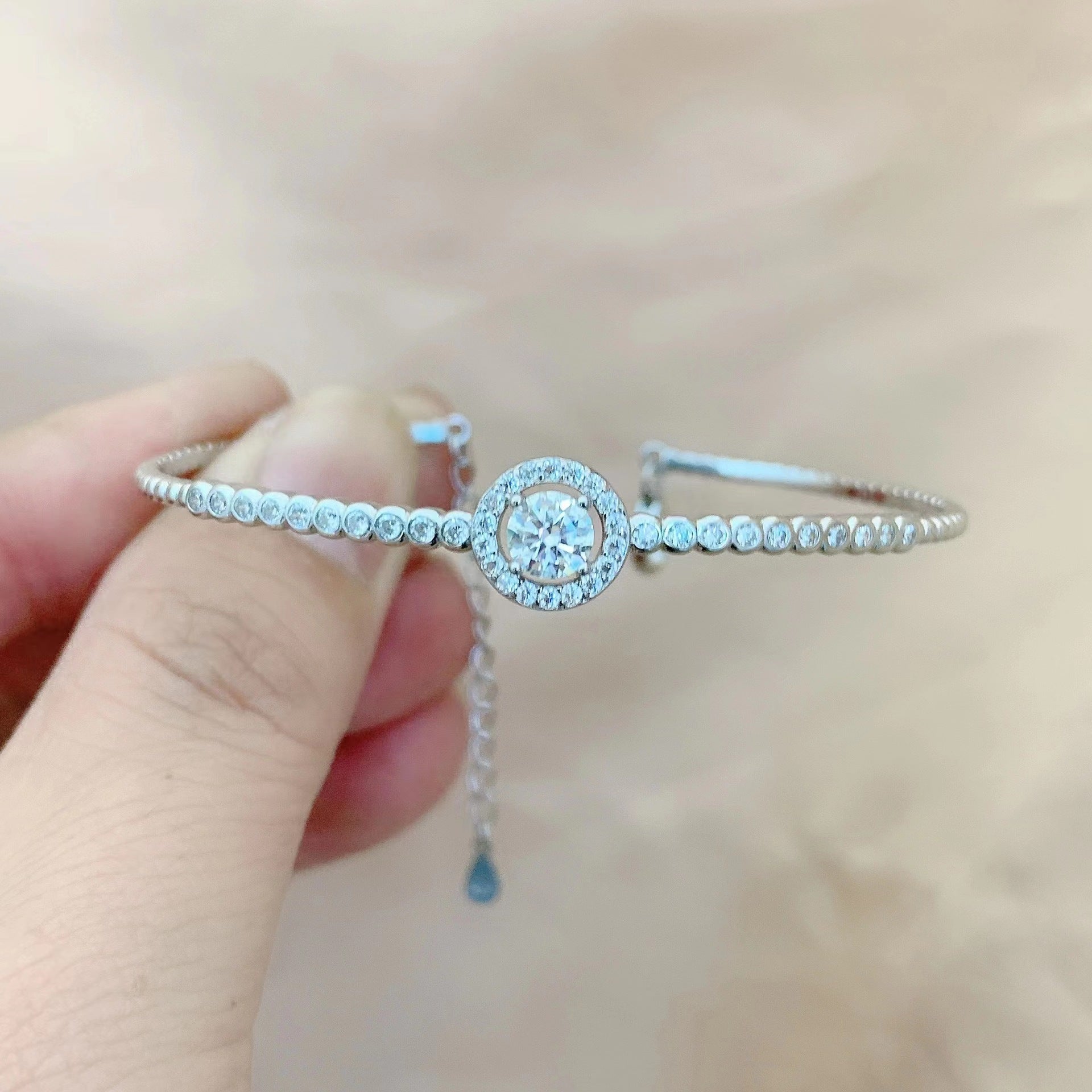 Felistly Jewelry: Ladies' Moissanite Bracelet - S925 Sterling Silver Round Bezel Bangle, Dainty & Lightweight Luxury Pavé Design