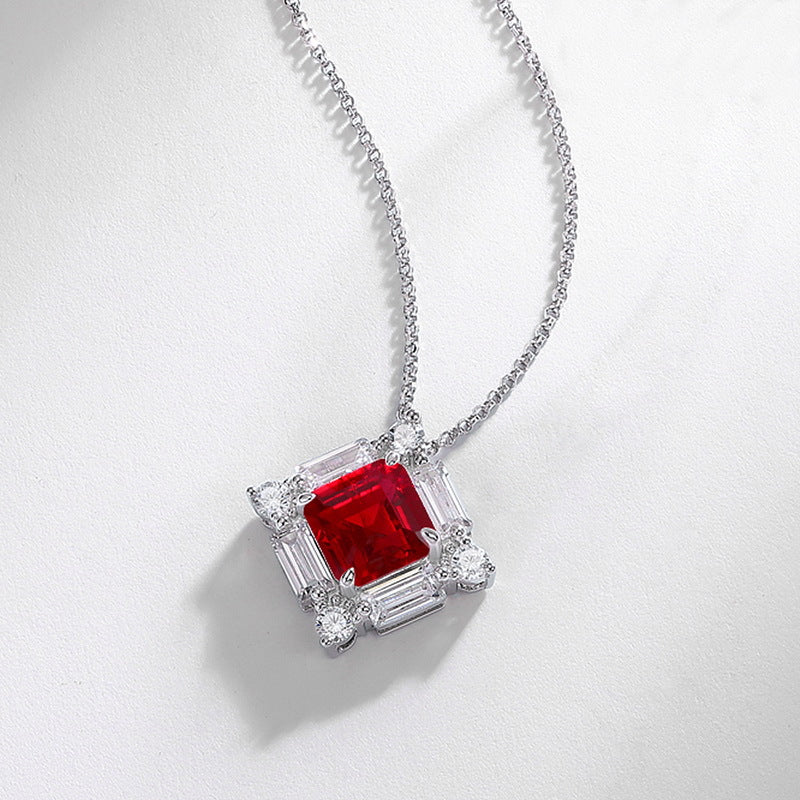Women’s Lab-Created Ruby Pendant Necklace - Geometric 925 Silver Collarbone Jewelry