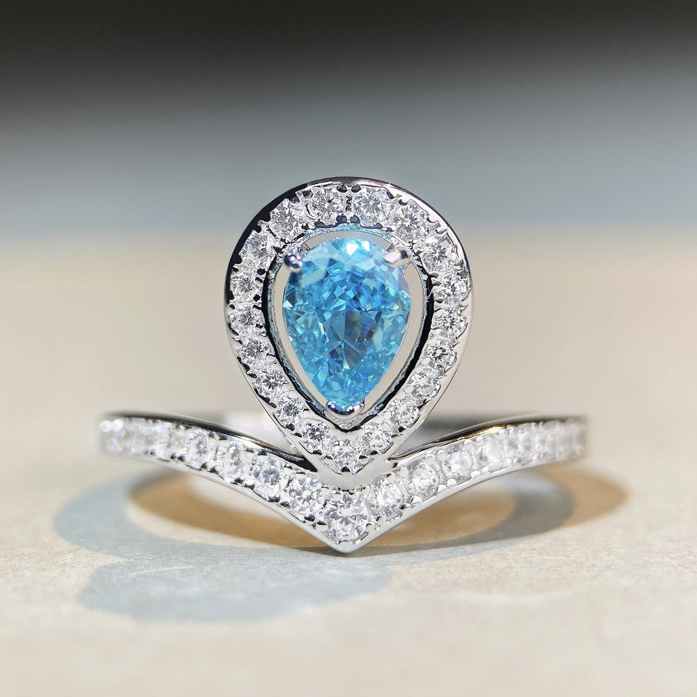 Felistly Jewelry: Teardrop Crown Ring S925 Sterling Silver Aquamarine Ice-Cut Ring with Pear-Shaped Blue Zircon & High Carbon Diamond
