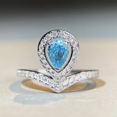 Felistly Jewelry: Teardrop Crown Ring S925 Sterling Silver Aquamarine Ice-Cut Ring with Pear-Shaped Blue Zircon & High Carbon Diamond