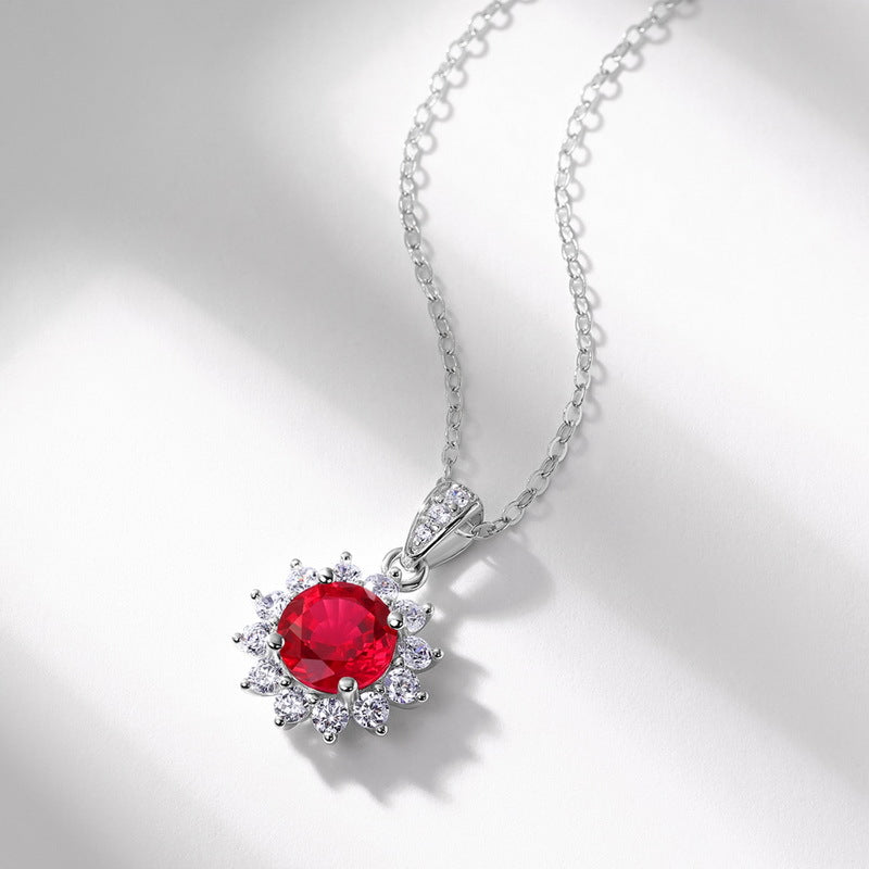 Sunflower Pendant Necklace - Featuring Laboratory-Grown Ruby in 925 Silver