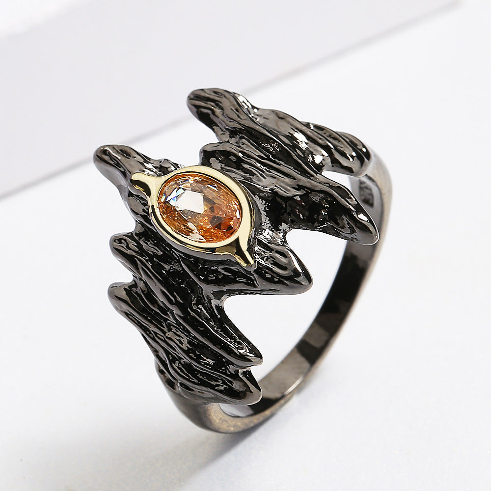 Felistly Jewelry: Punk Style Amber & Zircon Women's Ring - Black Gold Irregular Branch-Shaped Statement Jewelry for Party