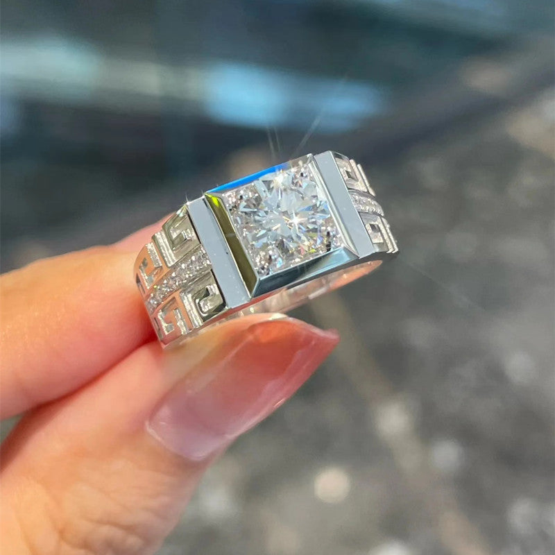 Felistly Jewelry: men gents ring S925 Sterling Silver Moissanite Men's Ring 1ct D Color Closed Thick Plated White Gold Bold & Minimalist Style