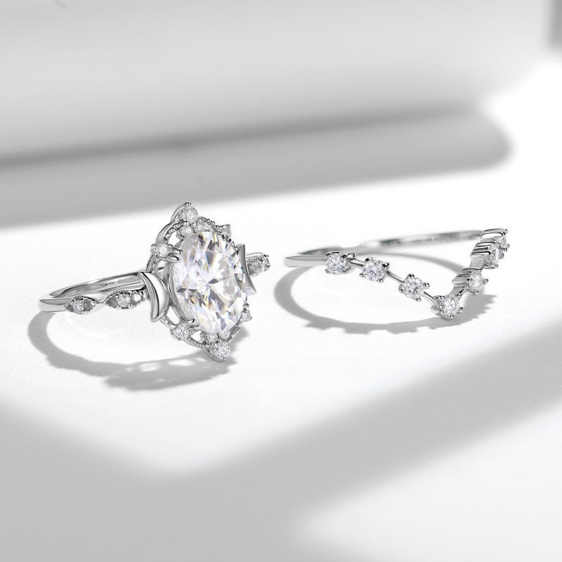 Felistly Jewelry: 2025 New Crescent Moon & Star Collection - 7x9mm Oval Moissanite Stackable Ring Set in Sterling Silver 18K Gold Plated, engagement rings for women