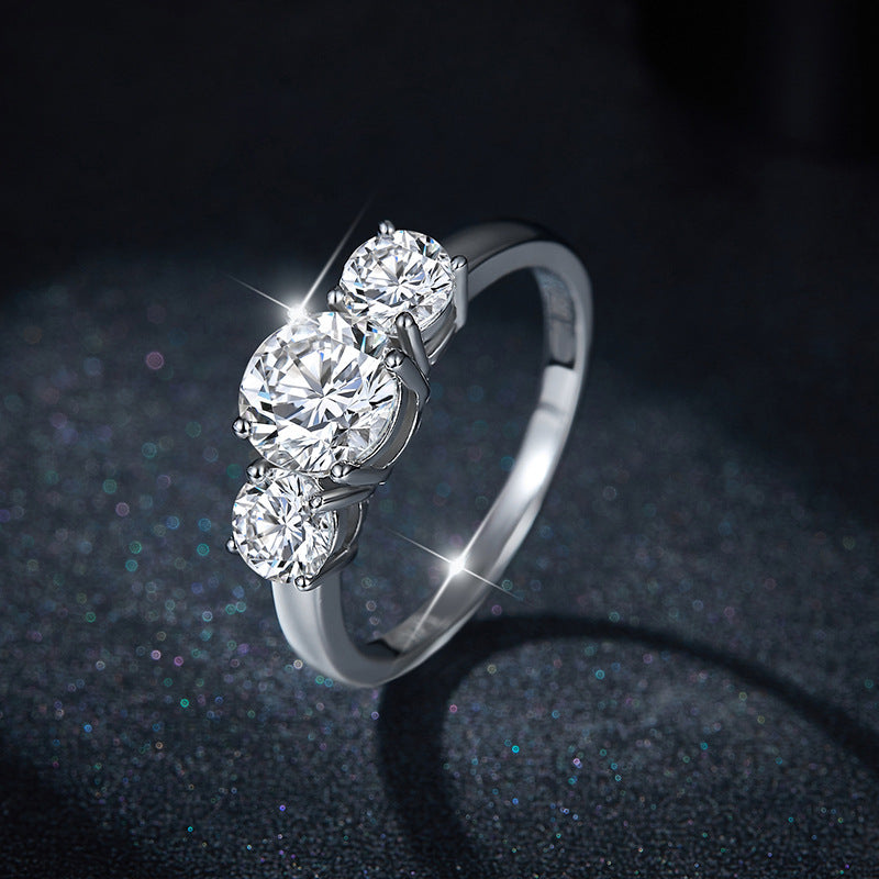 moissanite vintage rings three-Stone 1ct & 2*0.5ct D Moissanite Ring - Platinum Plated 925 Silver 'Three Lives' Jewelry engagement rings for women