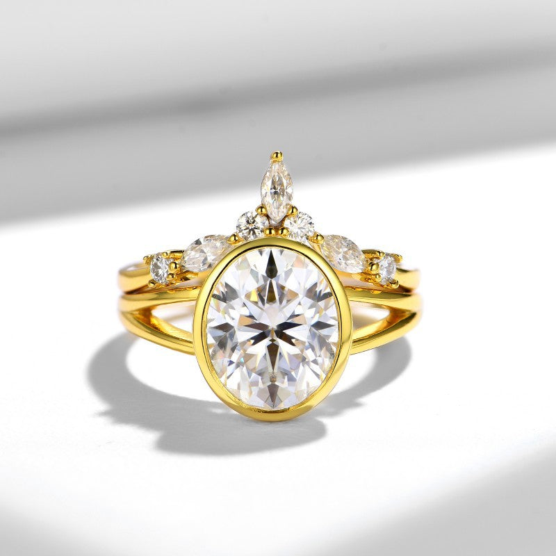 Felistly Jewelry: elongated cushion cut with wedding band | Designer 8x10mm Oval Moissanite Stackable Ring Set | 18K Yellow Gold Plated Sterling Silver | Instagram-Worthy Bridal Jewelry