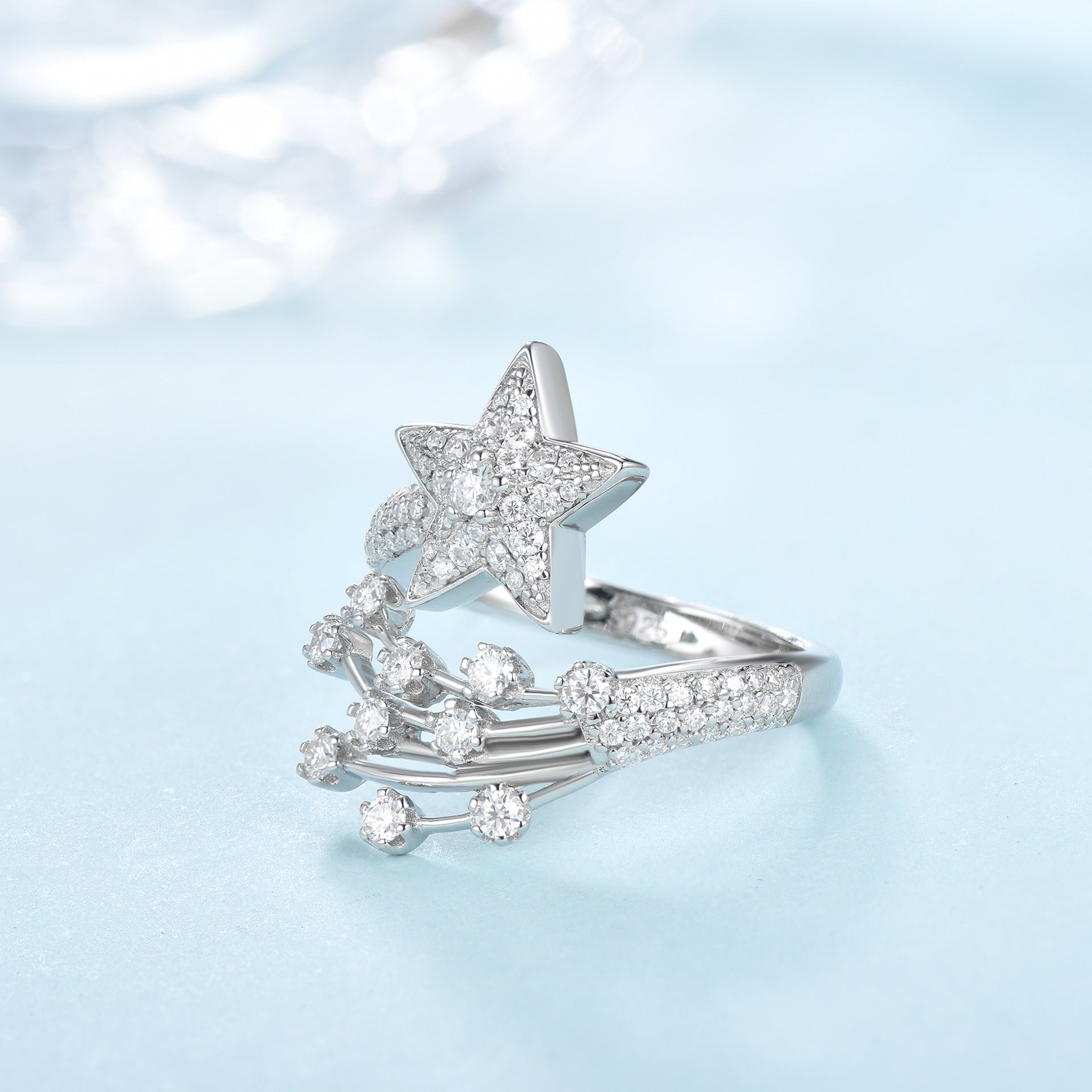 engagement rings for women | Celestial Comet Ring - 925 Silver with Platinum Plating & Pavé Moissanites