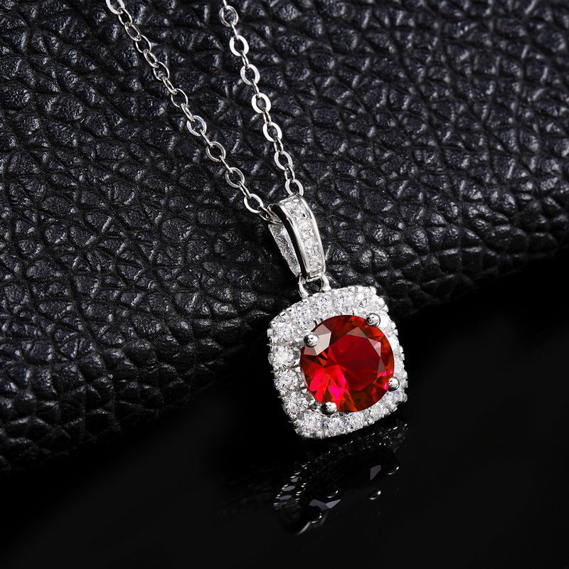 Luxury Square Pavé Ruby Pendant Necklace – Lab-Created Gemstone in 925 Silver