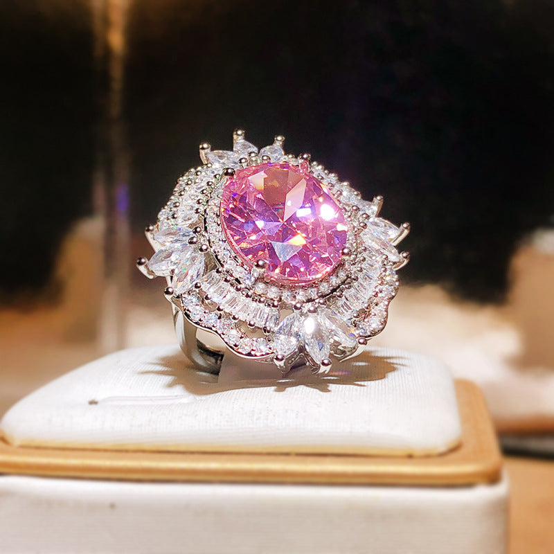 Felistly Jewelry: New Arrival Pink Zircon Full Pavé Pink Tourmaline Open Ring for Women