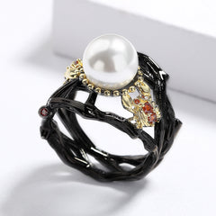 Felistly Jewelry: Fashion Pearl-Inlaid Black Gold Women's Ring - Bohemian Style Jewelry, Handcrafted Premium Party Ring