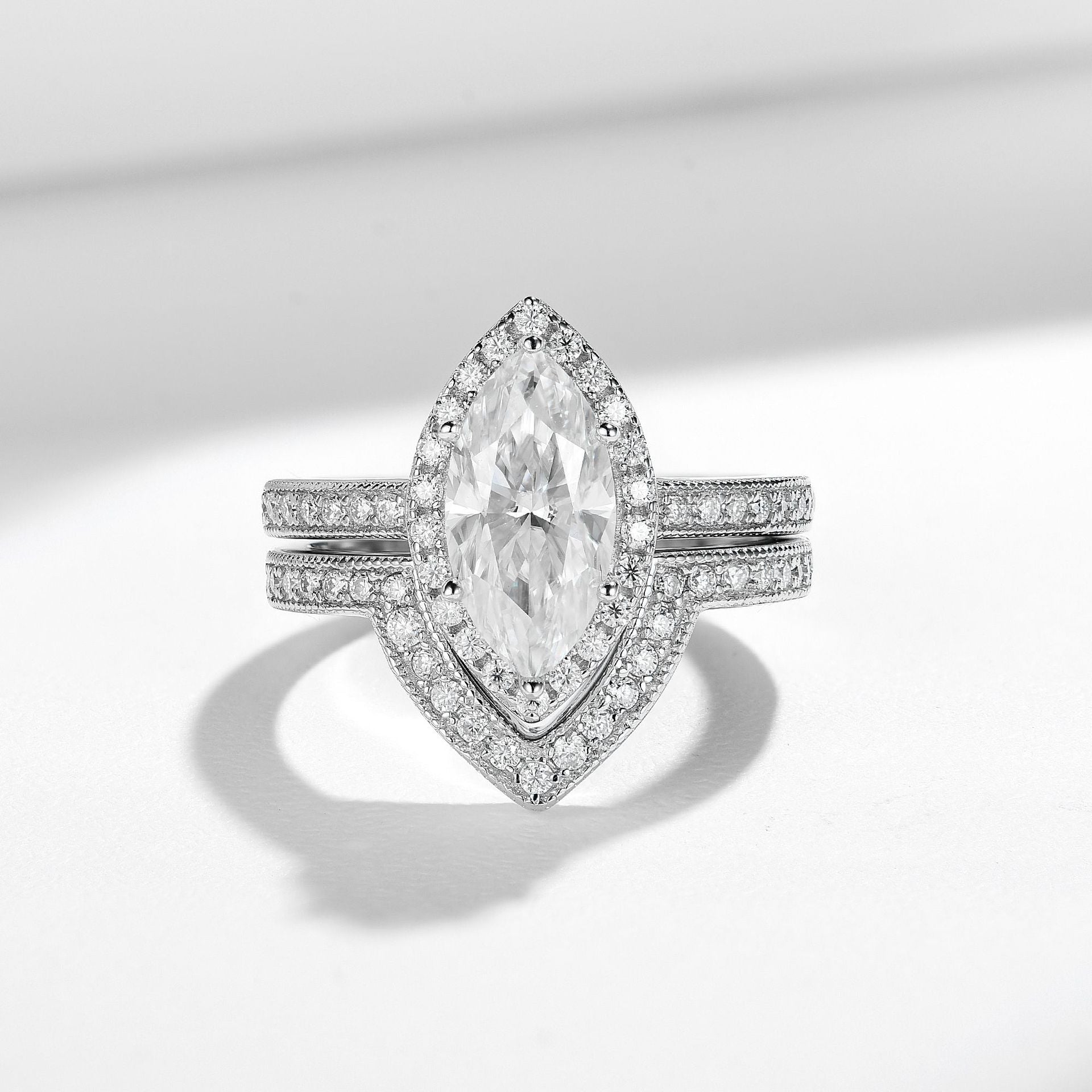 Felistly Jewelry: engagement rings for women | Petite French-Inspired Vintage Beaded 6x12mm Marquise 2ct Ring Set in Sterling Silver 18K Gold Plated | elongated cushion cut with wedding band