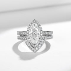 Felistly Jewelry: engagement rings for women | Petite French-Inspired Vintage Beaded 6x12mm Marquise 2ct Ring Set in Sterling Silver 18K Gold Plated | elongated cushion cut with wedding band