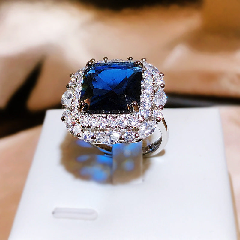 Felistly Jewelry: 2025 New Royal Blue Luxury Square Ring - Fashionable Full Pavé Adjustable Square Ring for Women