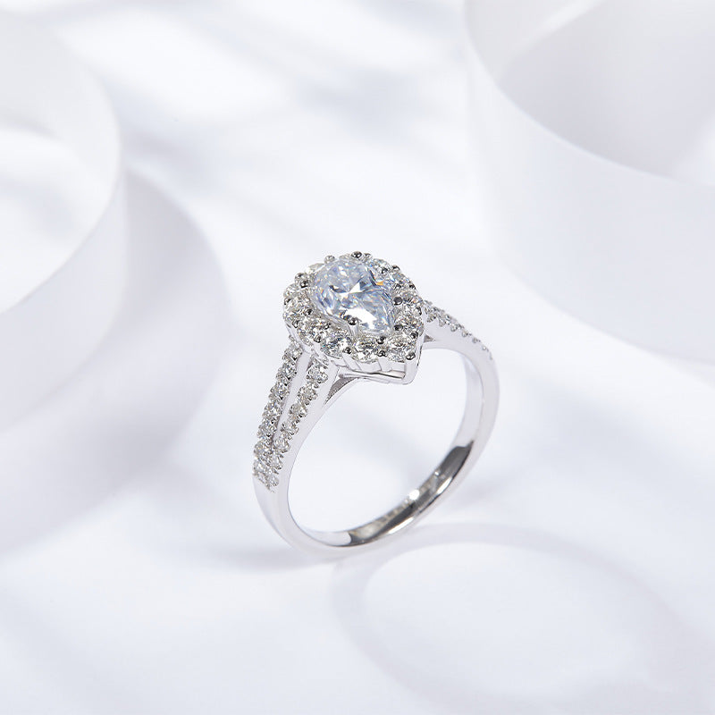 engagement rings for women | 1.74ct D Color Pear Moissanite Ring - Platinum Over Sterling Silver | elongated cushion cut with wedding band